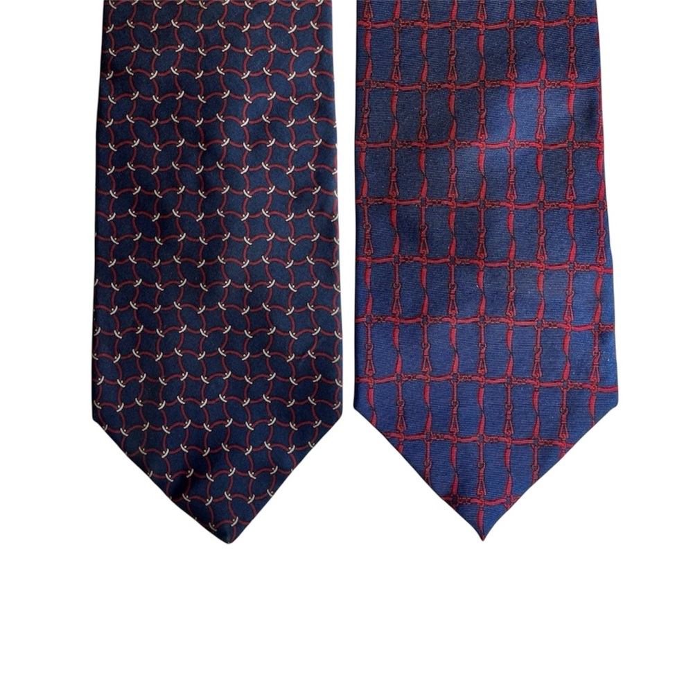 2 VINTAGE Bert Pulitzer Silk Men Neck Ties, Navy Blue Red Burgundy Retro Office